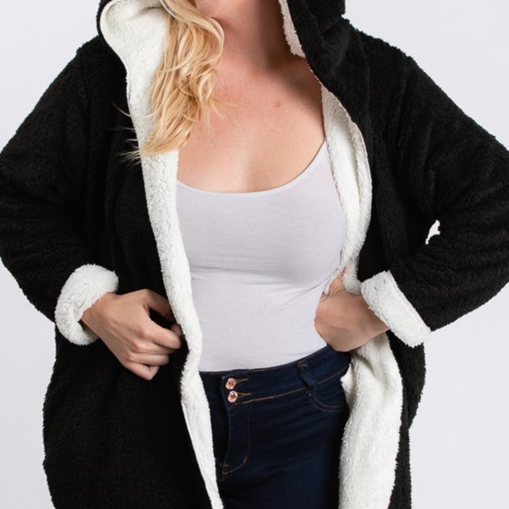 Open Front Hooded Reversible Soft Cardigan Sweater Black